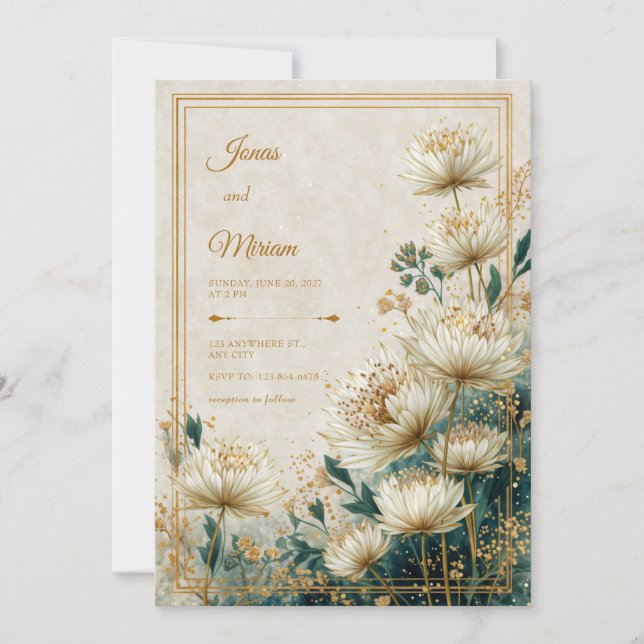 Kräm Förgylld Astrantia Teal Akvarell Bröllop Inbjudningar (Framsida)