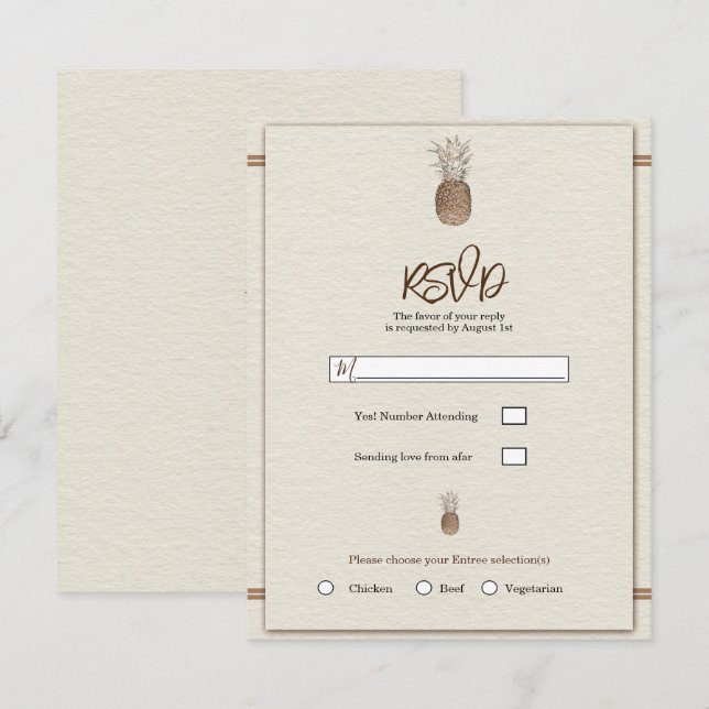 Kräm Guld Brun Ananas Minimal Bröllops RSVP Inbjudningar (Fram/baksida)