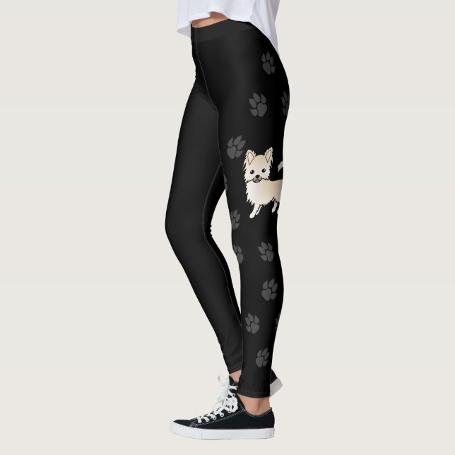 Kräm Lång Päls Chihuahua Tecknad Hund & Klor Leggings (Vänster)