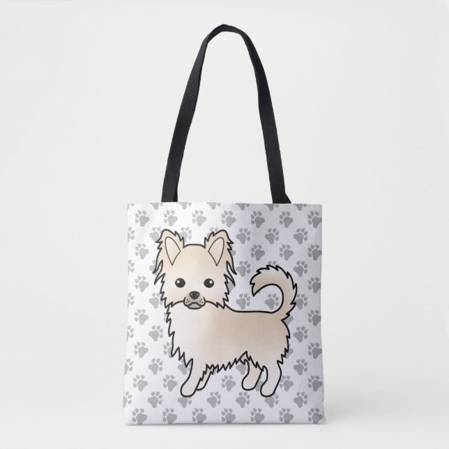 Kräm Lång Päls Chihuahua Tecknad Hund & Klor Tygkasse (Framsida)