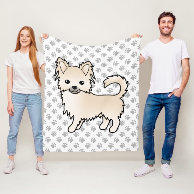 Kräm Lång Päls Chihuahua Tecknad Hund & Tassar Fleecefilt (På plats)