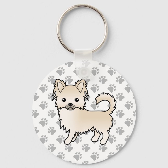 Kräm Lång Päls Chihuahua Tecknad Hund & Tassar Nyckelring (Framsida)