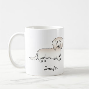 Kräm Långhårig Dachshund Söt Tecknad Hund & Namn Kaffemugg