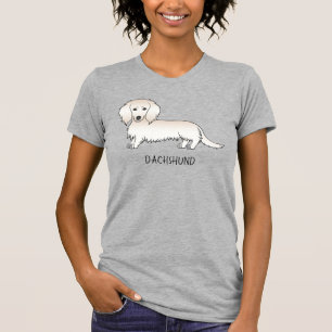 Kräm Långhårig Dachshund Söt Tecknad Hund & Text T Shirt