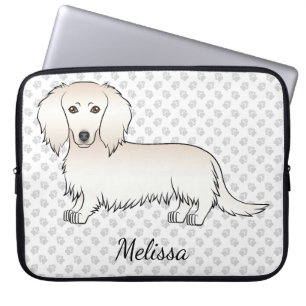 Kräm Långhårig Dachshund Tecknad Hund & Text Laptop Fodral