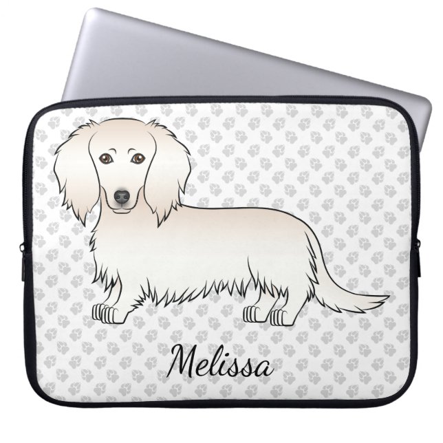 Kräm Långhårig Dachshund Tecknad Hund & Text Laptop Fodral (Framsidan)