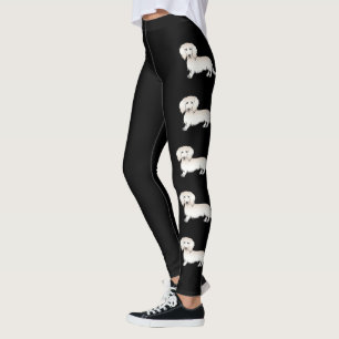 Kräm långhårig dachshund tecknade hundar på svart leggings