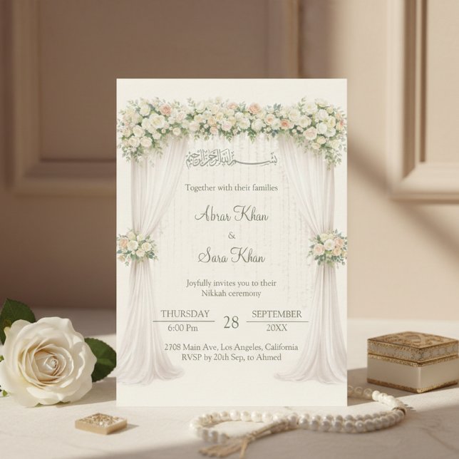Kräm Minimal Floral Muslim Nikkah Islamisk Bröllop Inbjudningar (Skapare uppladdad)