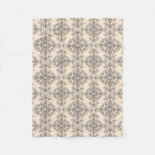 Kräm och Grå Elegant Viktoriansk Stil Damask Konst Fleecefilt (Framsidan)