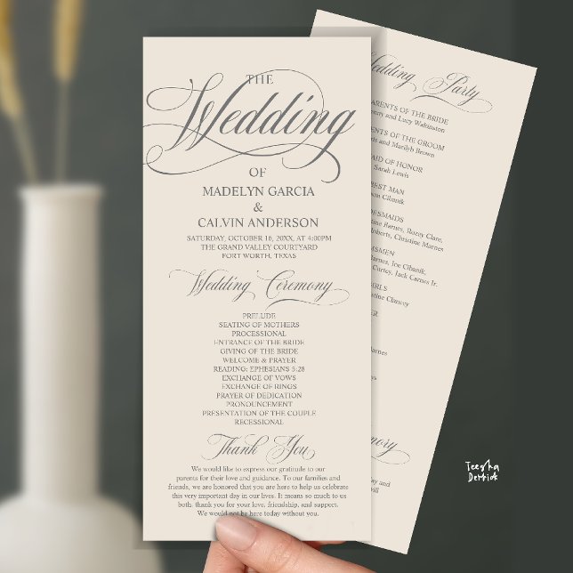 Kräm och grå modernt manus allt-i-ett bröllop program (Modern Script All In One Wedding Program Card in cream and grey)