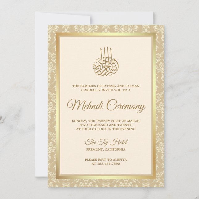 Kräm och guld Damask Islamsk Mehndi-ceremoni Inbjudningar (Framsida)