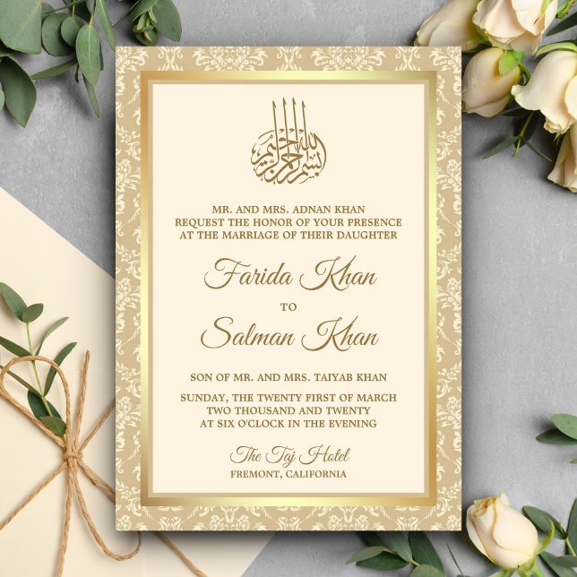 Kräm och guld Damask islamsk muslimsk bröllop Inbjudningar (Skapare uppladdad)