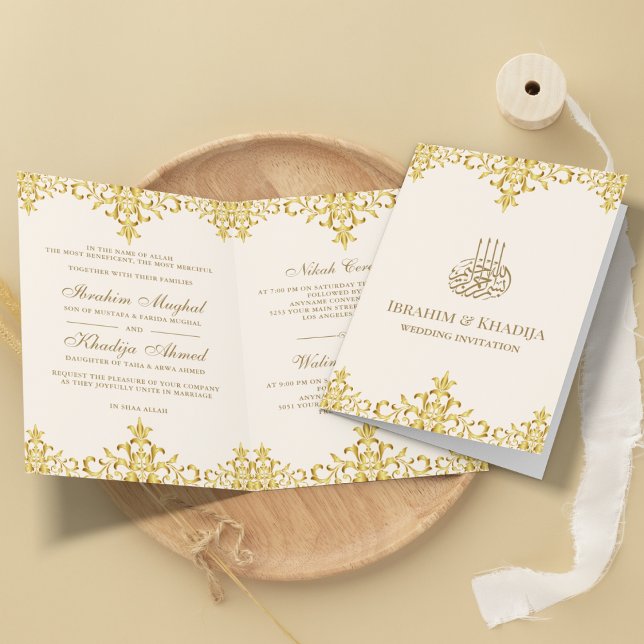 Kräm och Guld Folie Damask Islamsk Bröllop Inbjudan (Skapare uppladdad)
