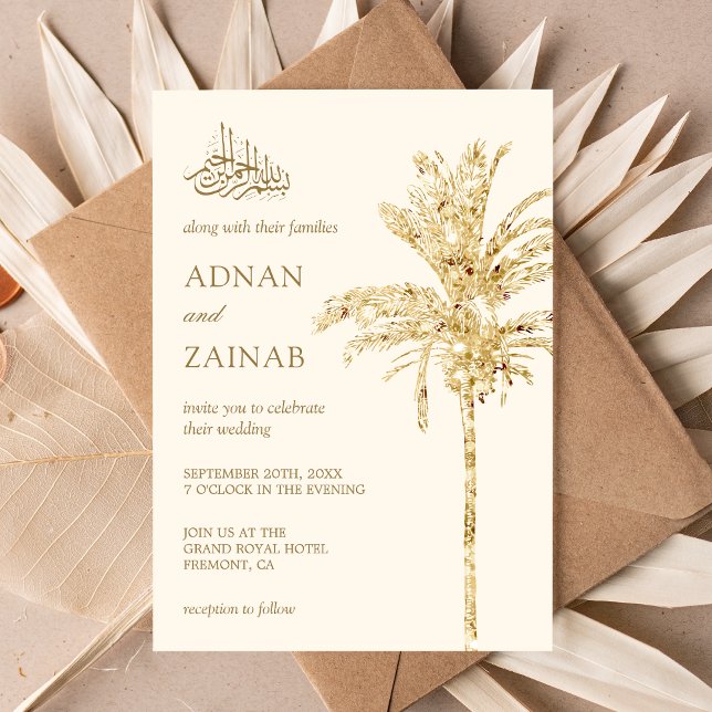 Kräm och guld glitter Dadelpalm Muslimsk Bröllop Inbjudningar (Skapare uppladdad)