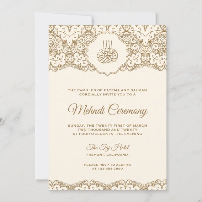 Kräm och guldspets islamisk Mehndi-ceremoni Inbjudningar (Framsida)