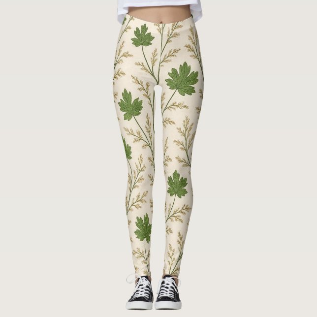 Kräm och mörkgröna blad-läggs leggings (Framsida)