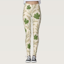 Kräm och Mörkgröna Blad Leggings