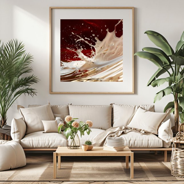 Kräm och röd stänk Fluid Art Affisch (Add a bold statement to your home with this stunning red and beige abstract artwork.)