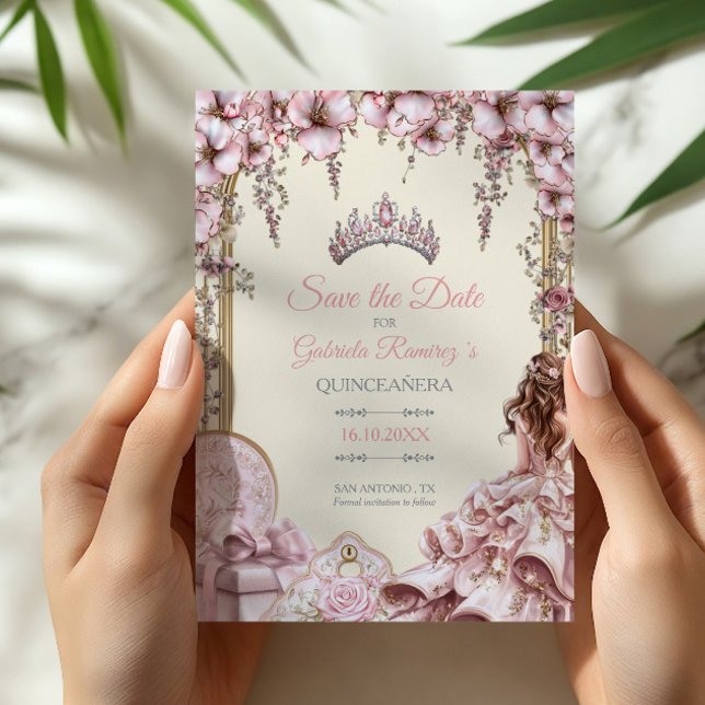 Kräm och rosa silver tiara blomster Quinceañera Spara Datumet (Skapare uppladdad)