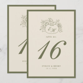 Kräm Oliv Monogram Bröllops Bordnummer Inbjudningar