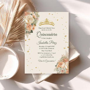 Kräm Päron Blommig och Guld Tiara Quinceanera Inbjudningar