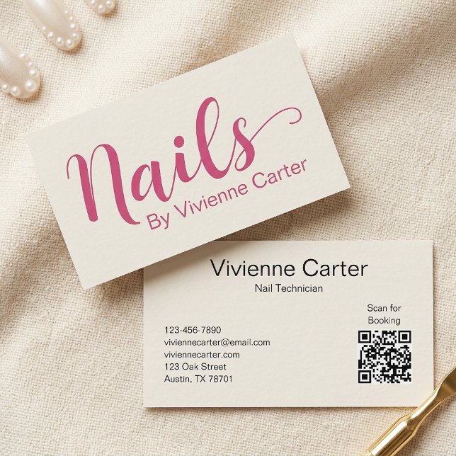 Kräm Pink Typografi Nageltekniker Salong Visitkort (Cream Pink Typography Nail Technician Salon Business Card)