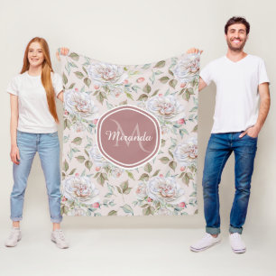 Kräm- ro blom- Monogram och namn för elegant Fleecefilt