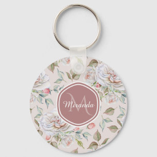 Kräm- ro blom- Monogram och namn för elegant Nyckelring