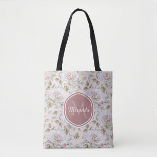 Kräm- ro blom- Monogram och namn för elegant Tygkasse