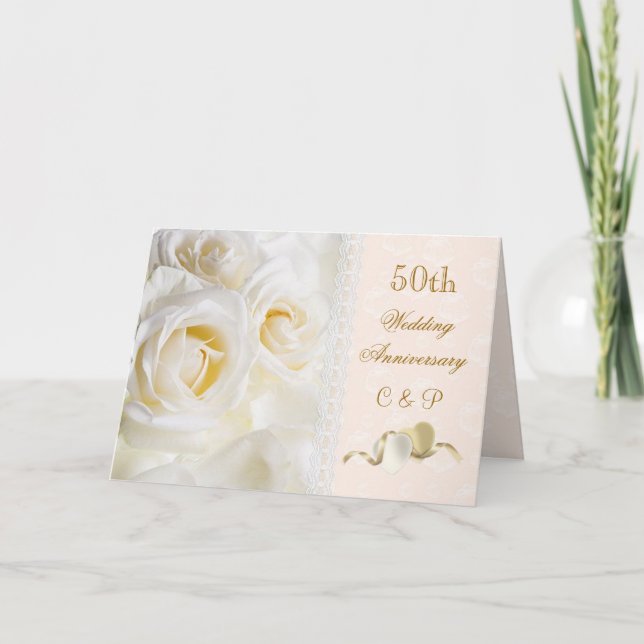 Kräm- ro för vit, bröllopsdag för hjärtor 50th inbjudan (Framsida)