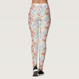 Kräm-Röd-Blå Paisley Mönster Leggings