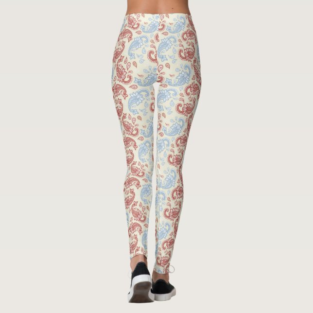 Kräm-Röd-Blå Paisley Mönster Leggings (Baksida)