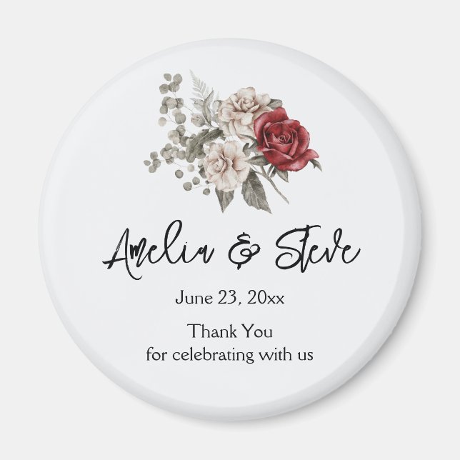Kräm & Röd Ros Blomsterbukett Bröllop Tack Magnet (Framsidan)