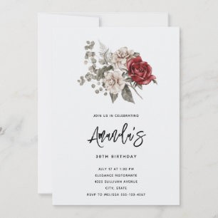 Kräm & röd ros boho blomsterbukett födelsedag inbjudningar