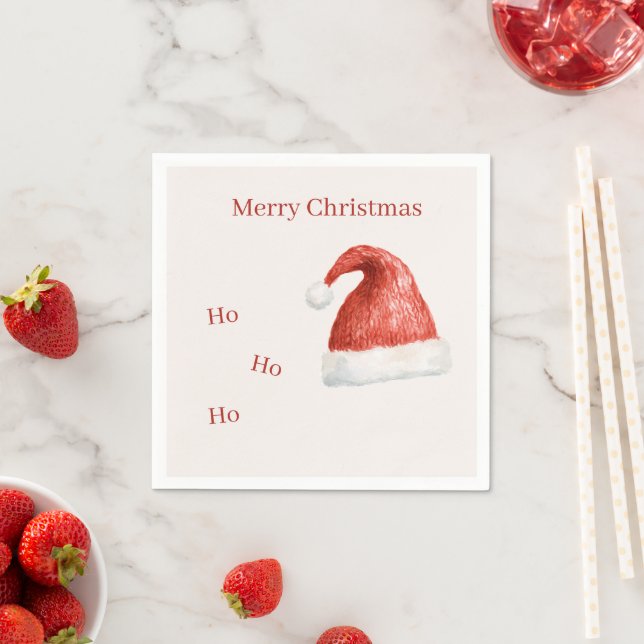 Kräm Röd Vit Ho Ho Ho Tomte Hatt Pappersservett (Insitu)