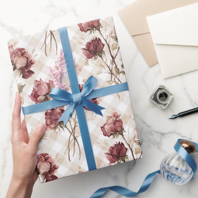 Kräm Röda Rosor Blommor Bröllopsdusch Presentpapper (Gifting)