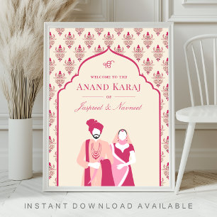 Kräm Rosa Anand Karaj Sikh Bröllop Välkomstskylt Poster