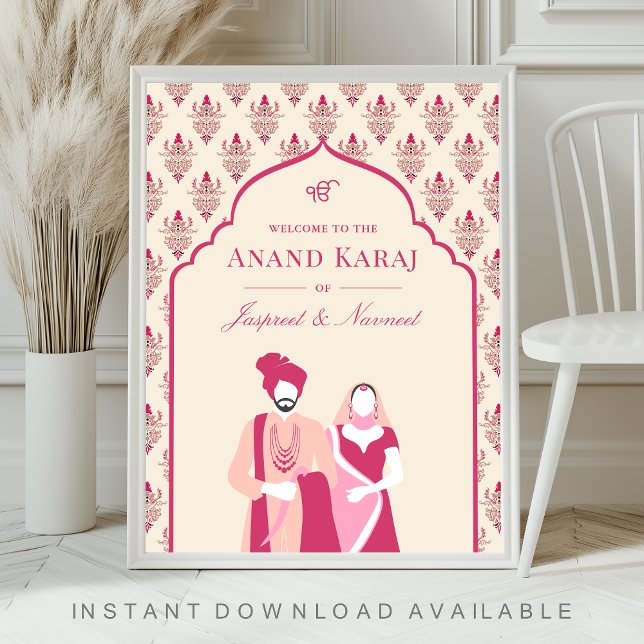 Kräm Rosa Anand Karaj Sikh Bröllop Välkomstskylt Poster (Skapare uppladdad)