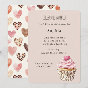 Kräm Rosa Hjärtan Cupcake Leopard Födelsedag Inbjudningar