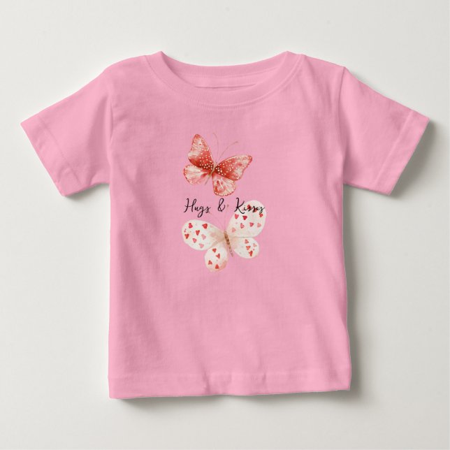 Kräm Rosa Röda Hjärtan Fjärilar T Shirt (Framsida)