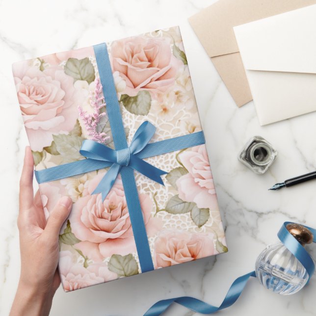 Kräm Rosa Rosor Blommig Bröllopsdusch Presentpapper (Gifting)