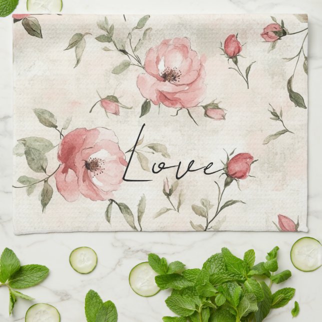 Kräm Rosa Rosor Blommig Kökshandduk (Vikta)