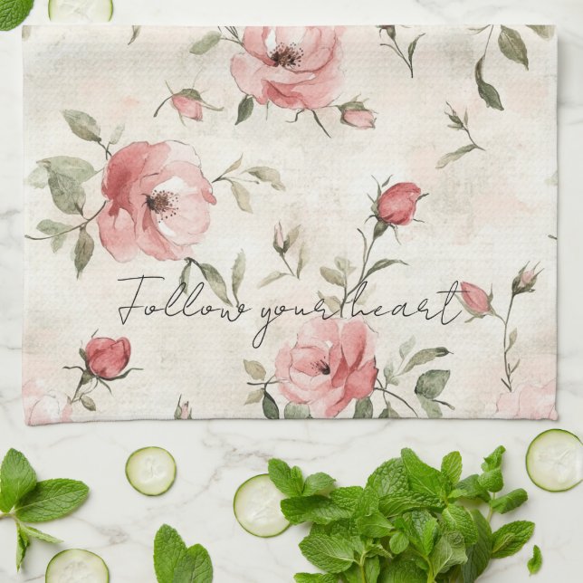 Kräm Rosa Rosor Blommig Kökshandduk (Vikta)