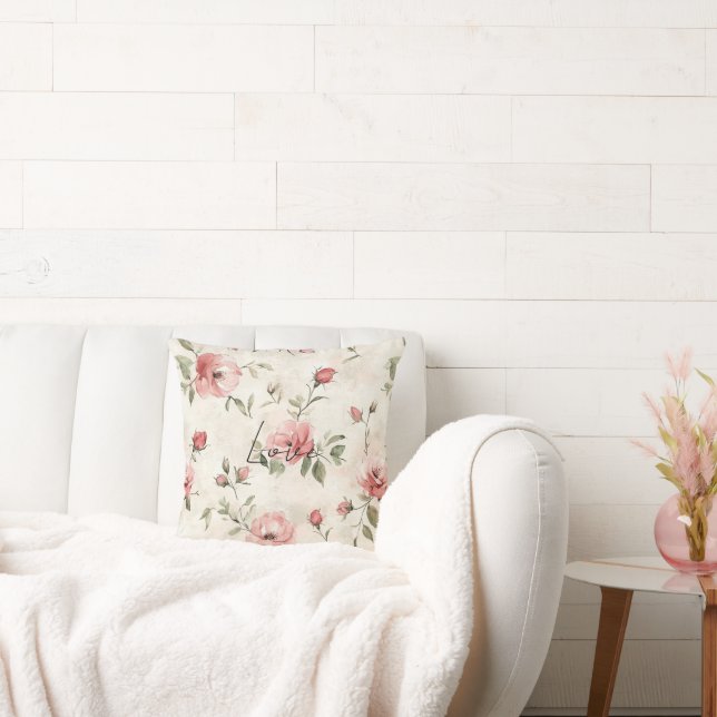 Kräm Rosa Rosor Blommig Kudde (Soffa)