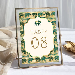 Kräm Smaragdgrön Guld Elefant Indisk Bröllop Bordsnummer