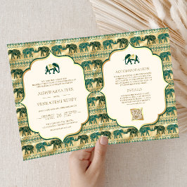 Kräm Smaragdgrön Guld Elefant Indisk Bröllop Inbjudan