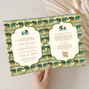 Kräm Smaragdgrön Guld Elefant Indisk Bröllop Inbjudan