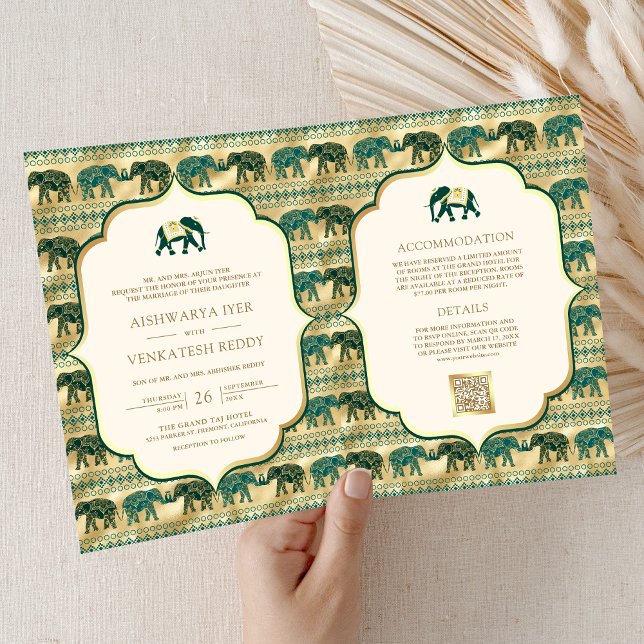 Kräm Smaragdgrön Guld Elefant Indisk Bröllop Inbjudan (Skapare uppladdad)
