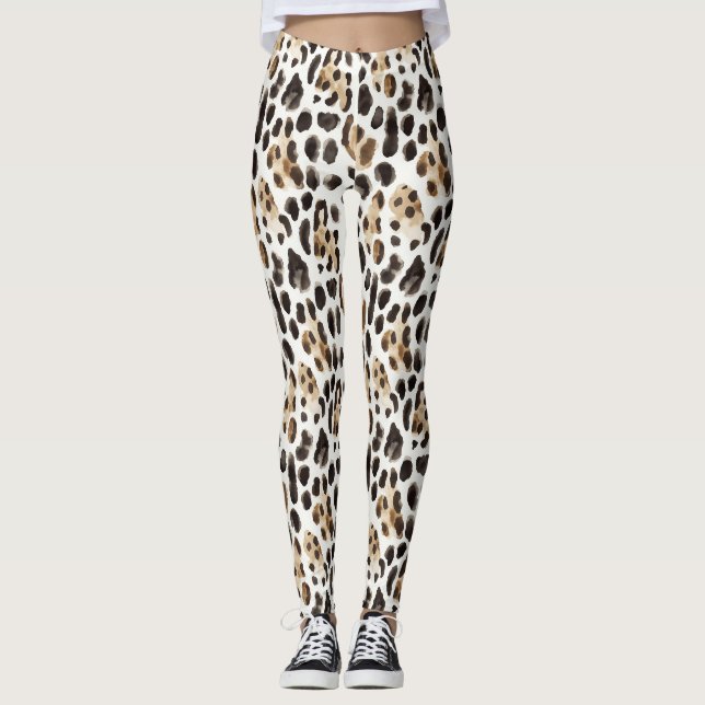 Kräm Svart Brun Leopard Djur   Leggings (Framsida)