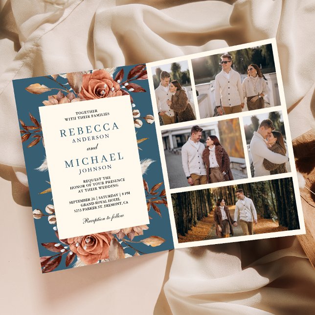 Kräm Terrakotta Blommor QR-kod Dammig Blå Bröllop Inbjudan (Skapare uppladdad)
